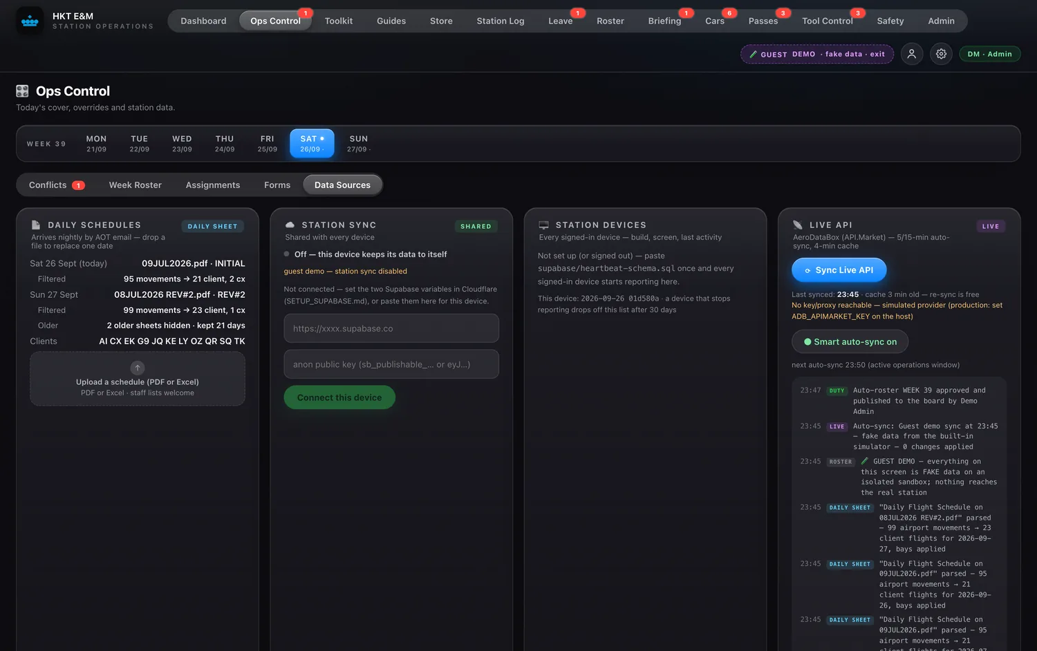 The data sources panel showing daily schedule ingest, station sync, the station devices list and the live API with a parse audit log